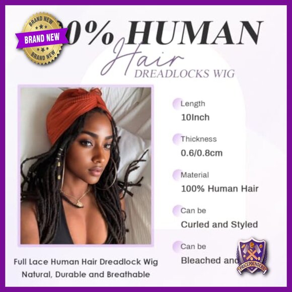 Full Lace Human Hair Dreadlock Wig 68 Strands Handmade Natural Dreads